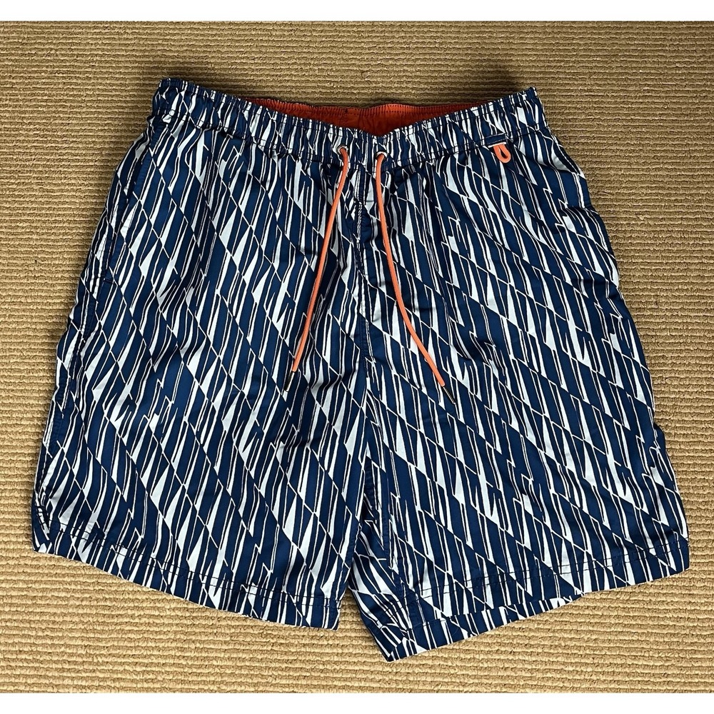 Lands' End Swim Trunks Mens M Blue Geometri Print Lined Drawstring Pockets Beach